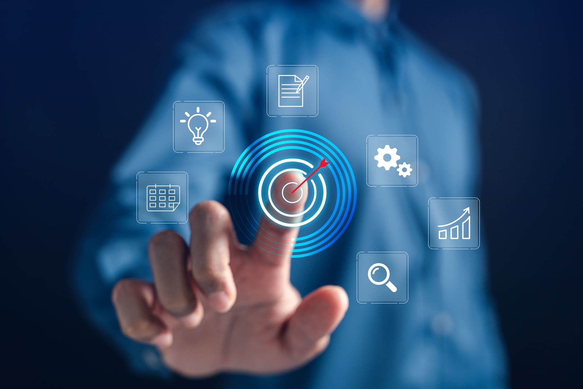 Business strategy with digital target and planning, goal setting, growth analysis, performance tracking, and strategic development for success.