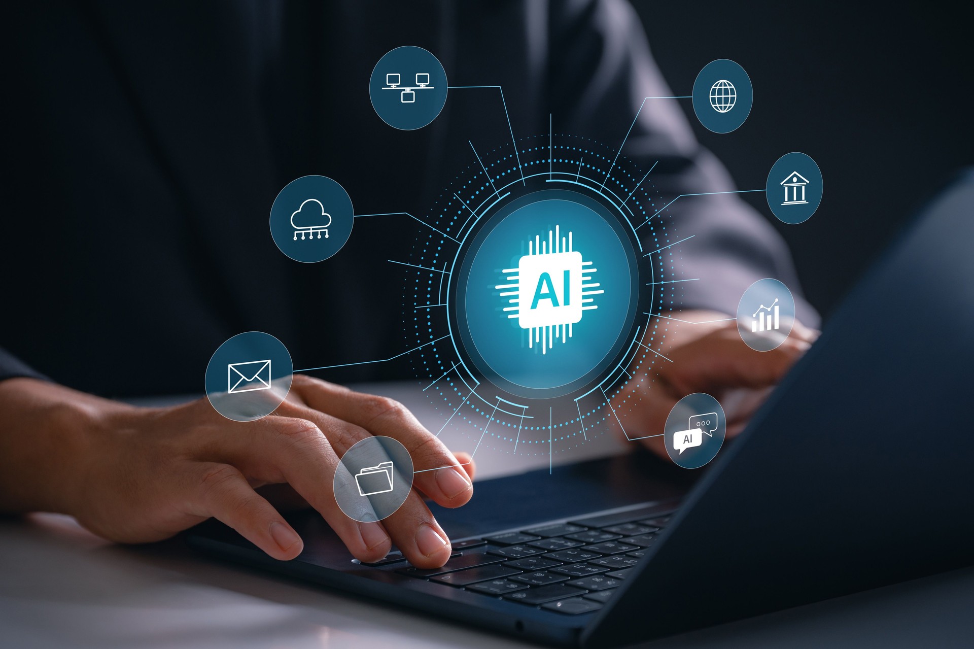 AI technology with machine learning and cloud infrastructure supporting real time data analytics, automation, and workflow management for business communication and smart tech solutions.