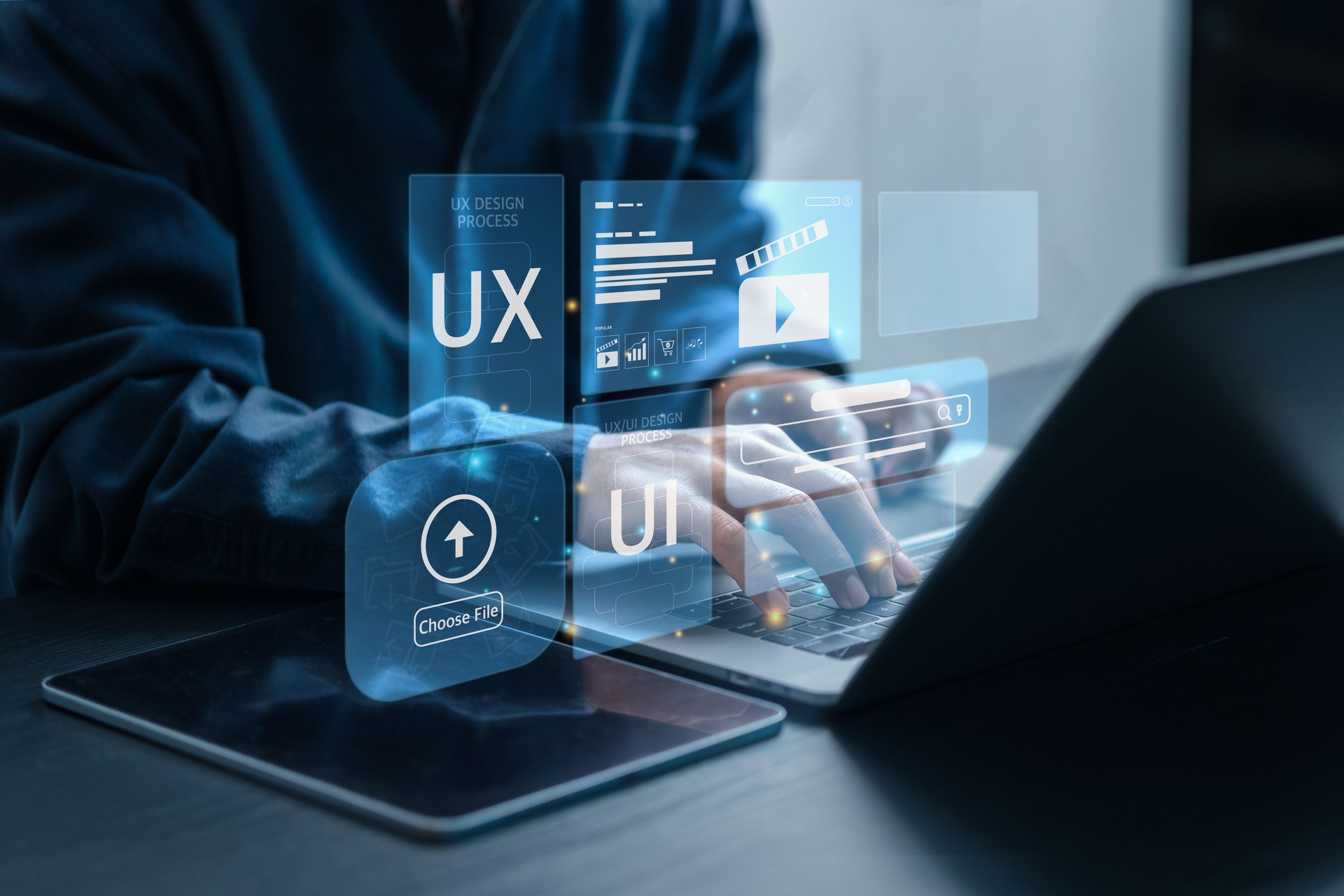 ux ui Web design that provides a good user experience, is easy to use and modern. Business people use computers to access websites that are being worked on behind the scenes by ux and ui, etc.